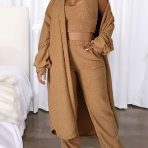 3 piece solid teddy tank top and pants lounge set with longline coat